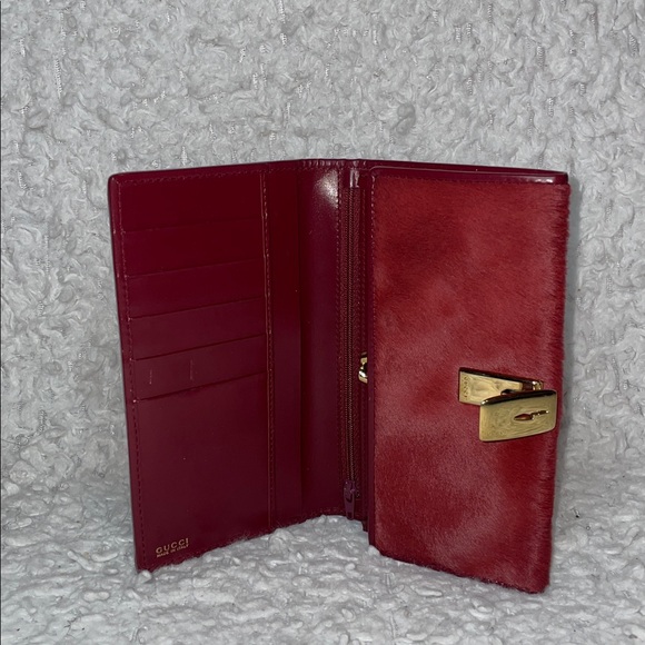 Gucci Vintage Rare Calf Pony Hair & Leather Oxblood Bi-fold Long Kisslock Wallet - Picture 6 of 14